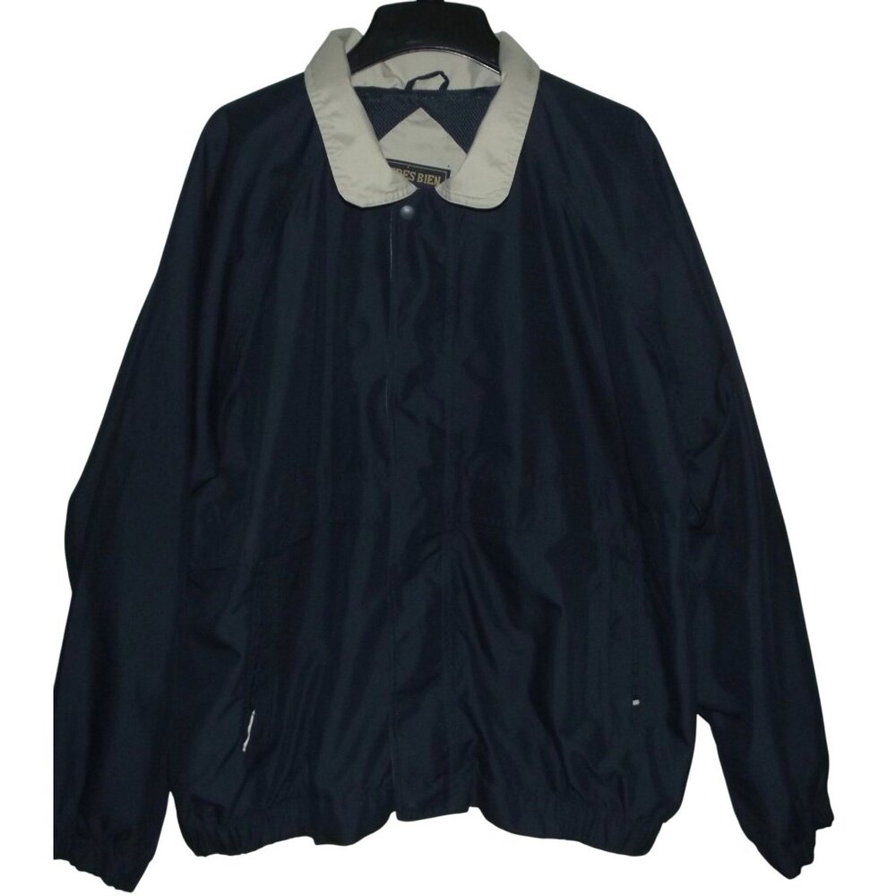 Tres Bien  Jacket Mens XL Navy Blue Tan windbreaker golf zip classic bomber
